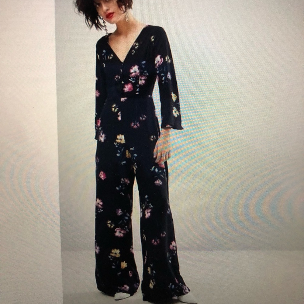 Mango Floral Black Button Detail Jumpsuit V-Neck Size M